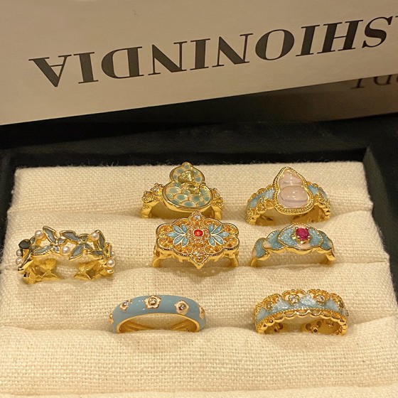 中古轻奢百搭精致滴油指环新中式国潮风珐琅烧蓝蕾丝葫芦开口戒指