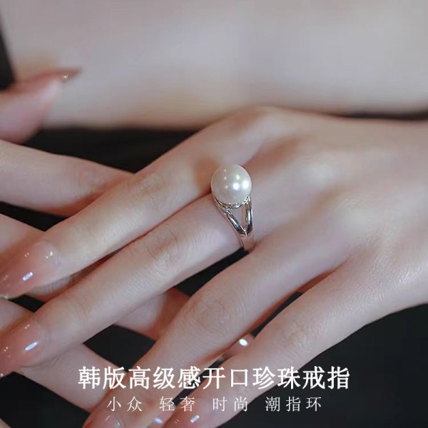 韩版轻奢珍珠戒指女小众设计独特开口指环轻奢送闺蜜高级感食指戒