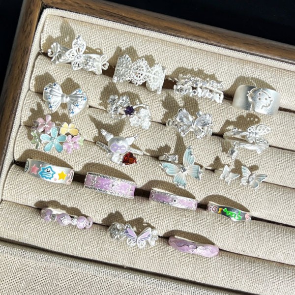 幻彩雾境韩版时尚轻奢哑光银色蝴蝶花朵戒指女精致叠戴甜美指环潮