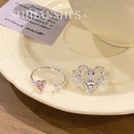 「蕾堡仙境」精致蕾丝蝴蝶镂空爱心亮银超闪开口戒甜酷设计感指环