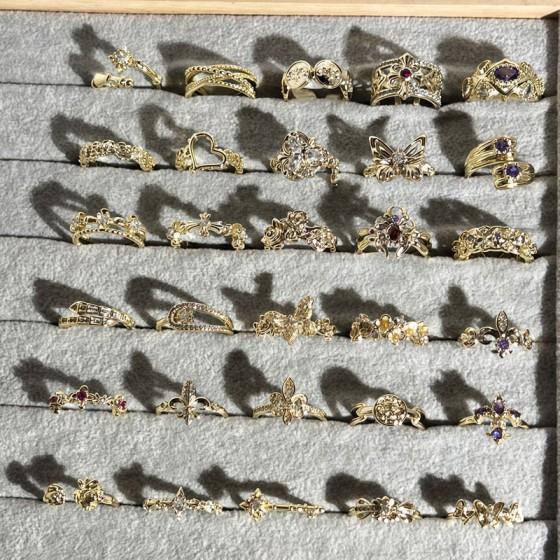 新款咖啡金合集开口戒指女复古鎏金质感鸢尾花欧美风时尚个性指环