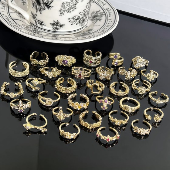 新款咖啡金合集开口戒指女复古鎏金质感鸢尾花欧美风时尚个性指环