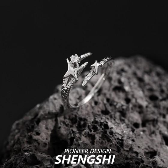 韩版星星戒指小众高级感不规则纹理时髦个性冷淡风食指戒开口指环