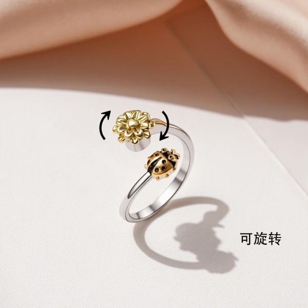 跨境热卖花蕊旋转戒指女时尚解压焦虑太阳花瓢虫开口指环解压戒指