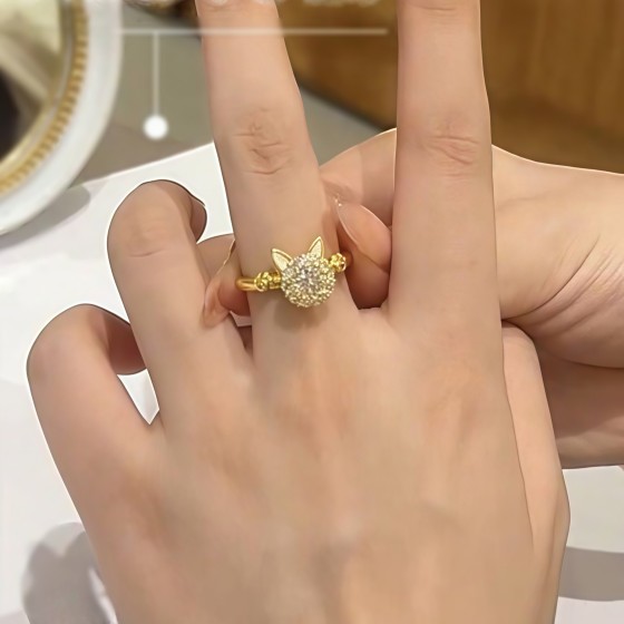 转转招财猫戒指女小众高级感轻奢抖音热卖开口可旋转锆石指环饰品