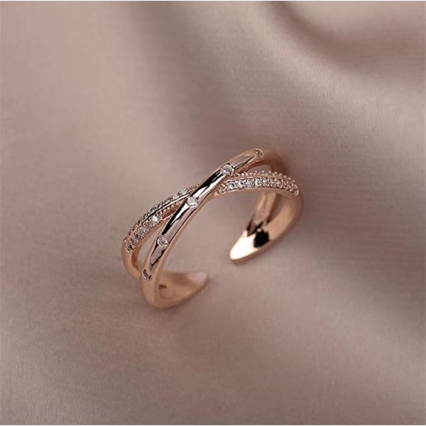 简约交叉锆石食指戒指女 ins潮网红时尚个性可调节微镶玫瑰金指环