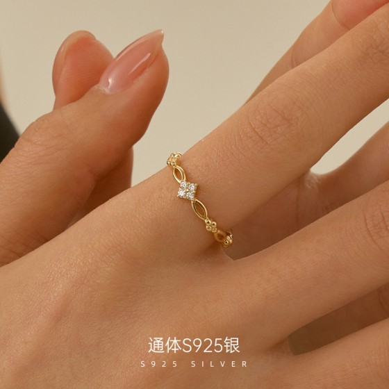 榕树下S925纯银日系镀14K金几何镂空戒指女小众设计精致开口指环