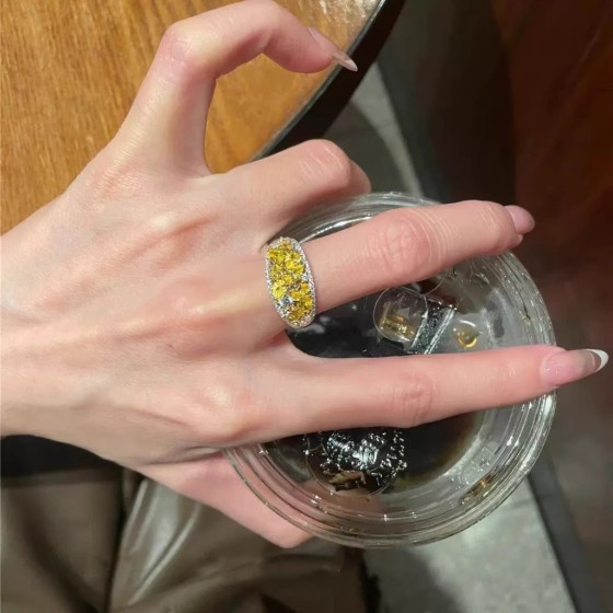 橘子气泡vintage中古戒指招财黄锆满钻精致轻奢高级感显白食指戒