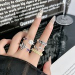 韩版甜酷叠戴花朵紫钻素圈心形开口戒指女双层马眼黄钻时尚配饰潮