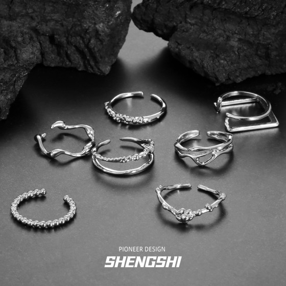 韩版小众ins风个性高级轻奢冷淡风开口素圈组合戒指女不掉色批发