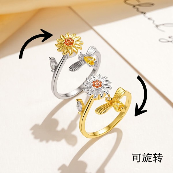 欧美热销跨境个性百搭轻奢旋转戒指可调节镀银锆石戒指蜜蜂造型