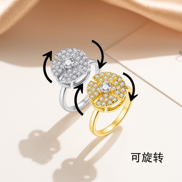 欧美旋转戒指女微镶锆石气质气质冷淡百搭满钻圆形四叶草戒指饰品