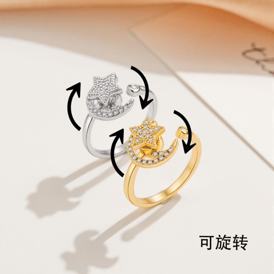 跨境焦虑戒指女螺旋自由旋转戒指开口可调解转动抗压力锆石戒指