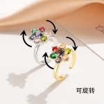 欧美旋转戒指气质冷淡百搭满钻锆钻小雏菊花朵四叶草开口戒指饰品