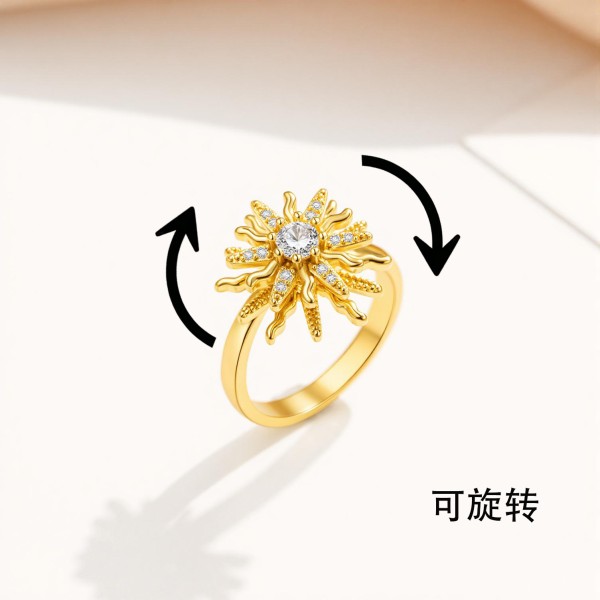 欧美跨境可旋转解压戒指锆石太阳花精致优雅女式解压开口戒指饰品