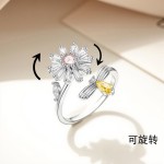 欧美热销跨境个性百搭轻奢旋转戒指可调节镀银锆石戒指蜜蜂造型
