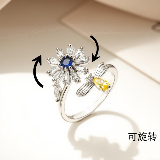 欧美热销跨境个性百搭轻奢旋转戒指可调节镀银锆石戒指蜜蜂造型