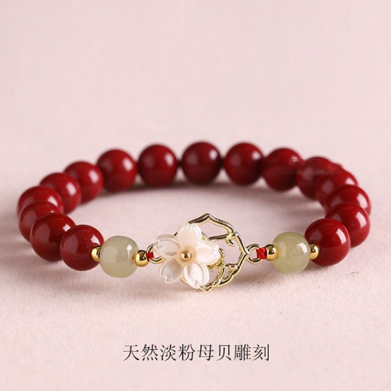 朱砂手串女新中式天然和田玉白蝶贝壳花国学手链国潮高级感礼物