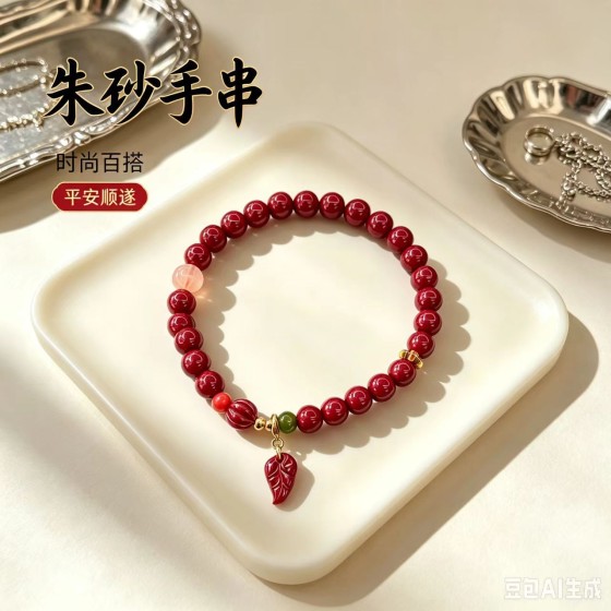 天然朱砂手串女款保真高含量和田玉两世欢手链女生树叶一件代发