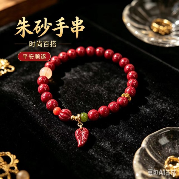 天然朱砂手串女款保真高含量和田玉两世欢手链女生树叶一件代发