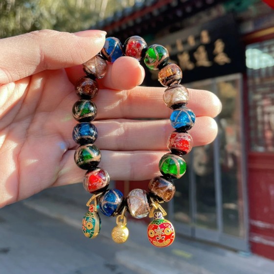 十全十美香灰琉璃手串北京寺庙景区文创古法金沙琉璃吞金兽手链