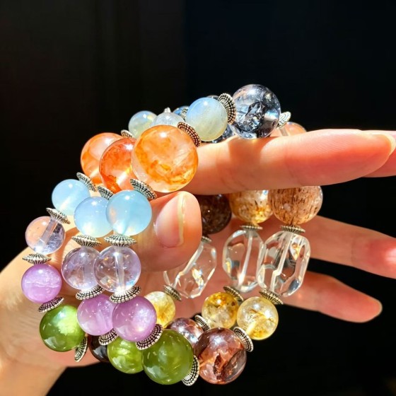 高品质天然海蓝宝黑金超黑闪灵紫锂辉月光石白水晶多宝手链手串