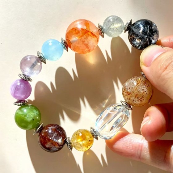 高品质天然海蓝宝黑金超黑闪灵紫锂辉月光石白水晶多宝手链手串