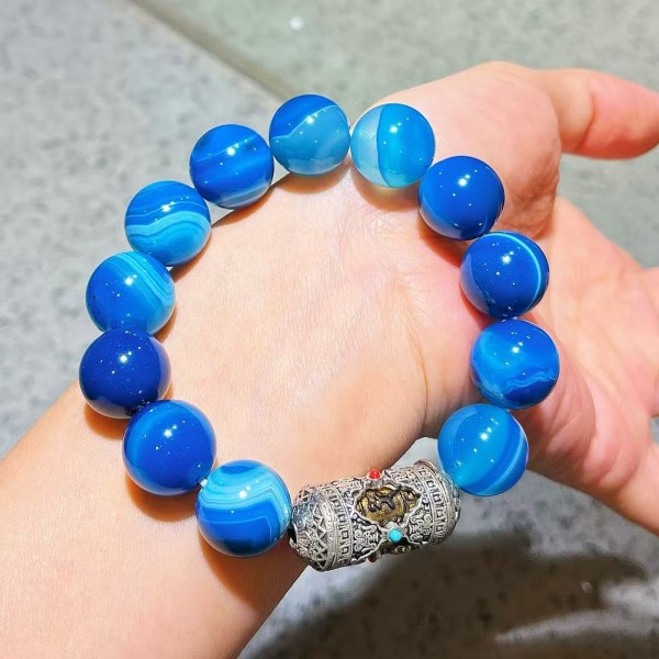 14mm天然大颗粒ins风蓝玛瑙玉髓高定金刚杵手链手串