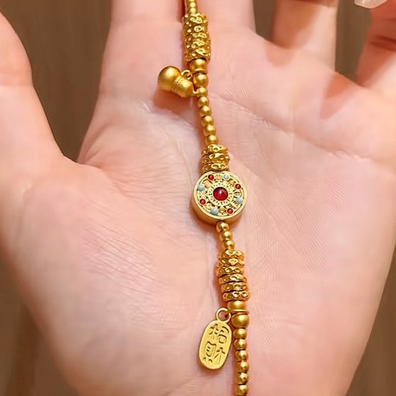 真金24K电镀强保色金店同款珐琅八宝罗盘葫芦盘缠手链福禄圆珠串