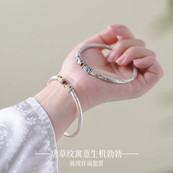 新中式唐草纹手镯女新爆款古法滴釉描金国风手环送女朋友闺蜜礼物