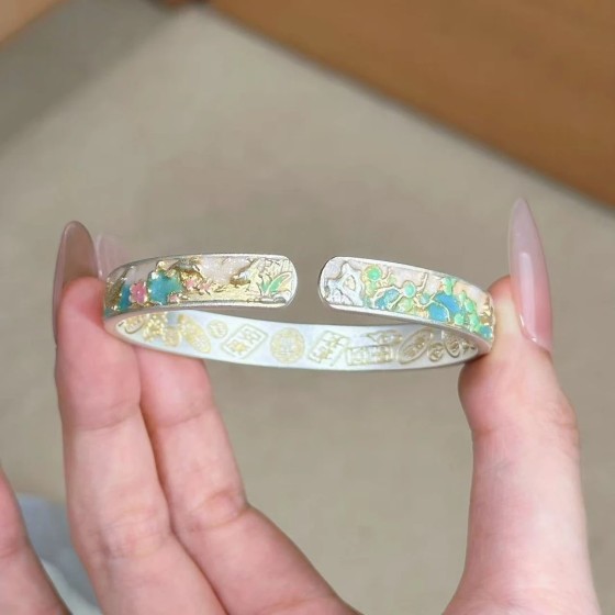 【直播爆款】青棠手镯女描金青绿珐琅粉牡丹浮雕鎏金重工百搭手环