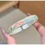 【直播爆款】青棠手镯女描金青绿珐琅粉牡丹浮雕鎏金重工百搭手环