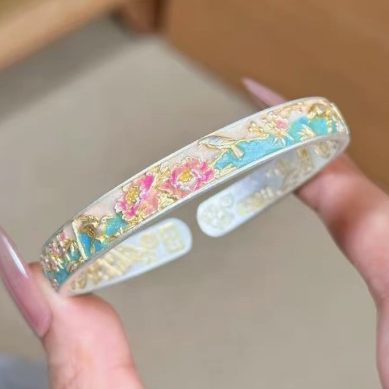 【直播爆款】青棠手镯女描金青绿珐琅粉牡丹浮雕鎏金重工百搭手环