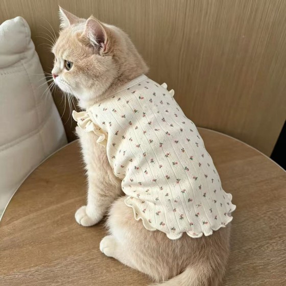 飞袖碎花宠物背心泰迪雪纳瑞狗狗家居服春秋天公主防掉毛猫咪衣服