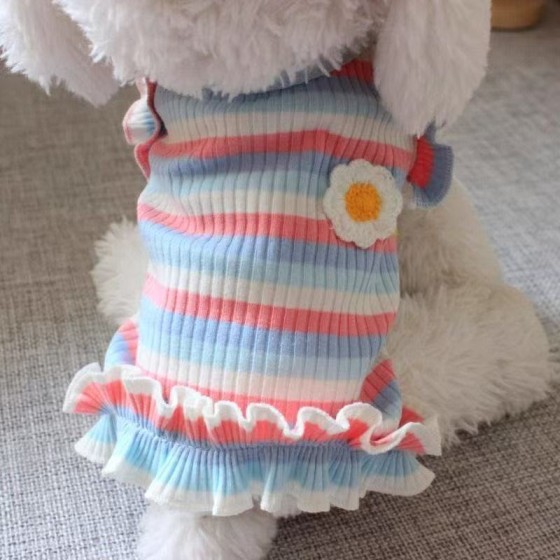 ins狗狗猫咪衣服薄款清爽宠物幼犬春夏装泰迪比熊彩条纹T恤连衣裙