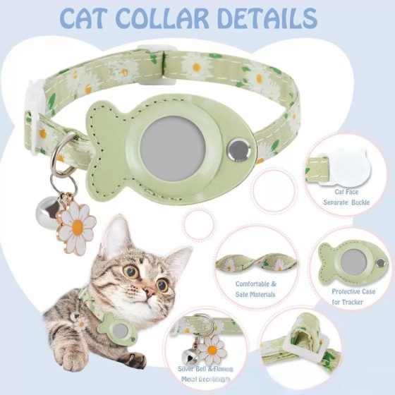 适用宠物Airtag猫咪项圈 防丢失可定位追踪小猫 PU小鱼铃铛脖颈圈