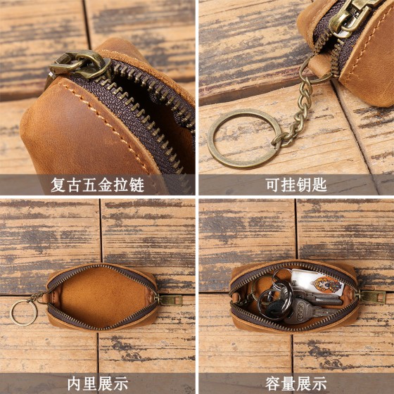真皮零钱包疯马皮钥匙包多功能收纳包欧美拉链包头层牛皮男女钱夹
