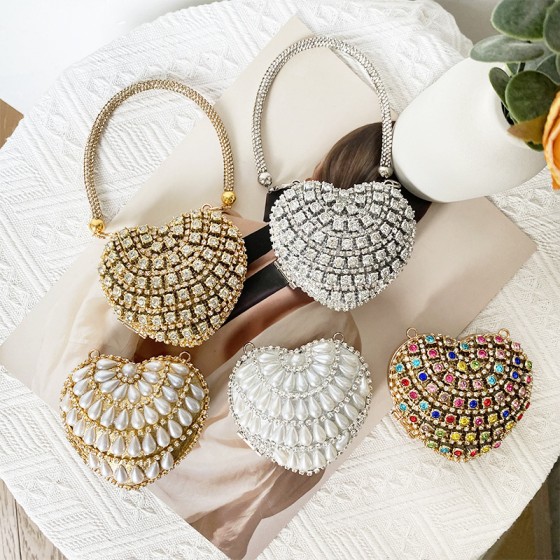 现货欧美迷你零钱小桃心链条包 镶钻玻璃石Mini桃心钻石晚宴包女