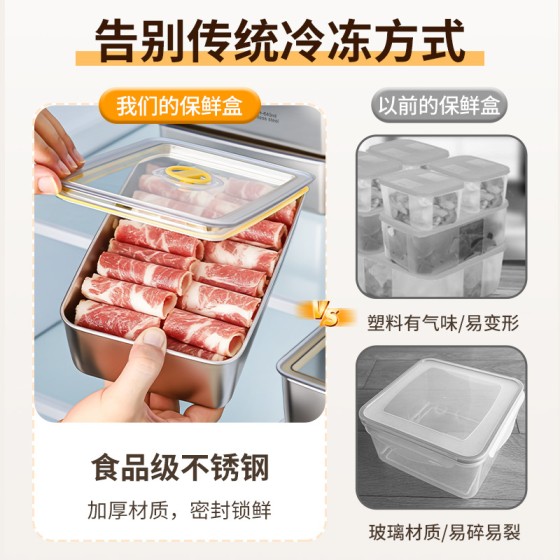不锈钢保鲜盒食品级果蔬盒备菜密封带盖方盒子冰箱专用冷冻收纳盒