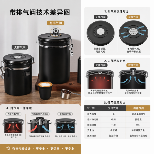 Binco同款咖啡豆保存罐不锈钢食品级咖啡粉密封罐单向排气阀储存