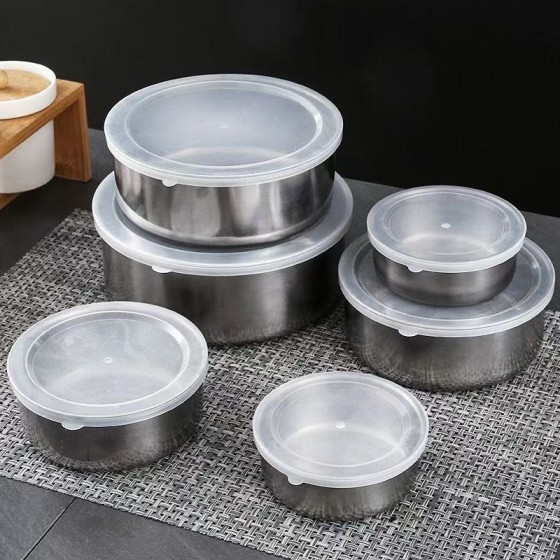 圆形不锈钢保鲜盒五件套密封加深带盖子加厚可冷冻食品密封盒跨境