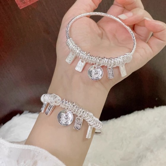 小众设计中式串珠盘缠吉言银手镯女平安喜乐招财猫银镯子女友礼物