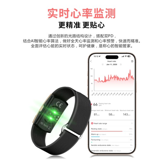 跨境智能手环实时心率全天睡眠监测女性健康长续航智能无屏手环