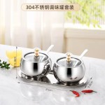 调料盒套装调味瓶玻璃盖带勺商用调味盅家用圆形304不锈钢调料罐