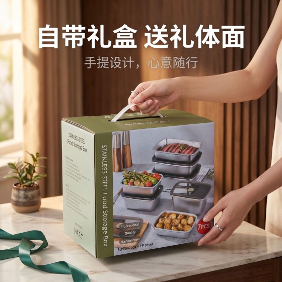 304方形不锈钢保鲜盒冰箱收纳盒食材分装盒野餐盒水果收纳盒饭盒