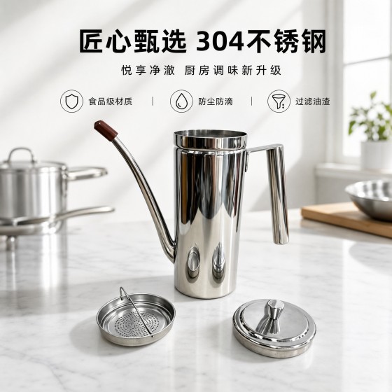 304不锈钢油壶带过滤网长嘴防漏控油壶家用厨房商用滤油储油罐