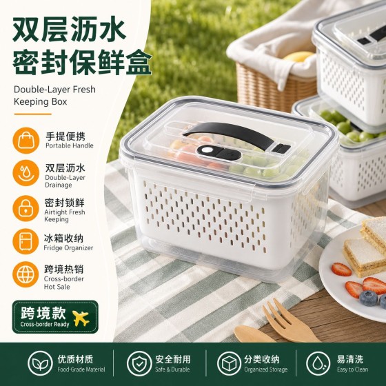 手提保鲜盒户外便携收纳盒双层沥水盒密封塑料带盖冰箱冷冻盒批发