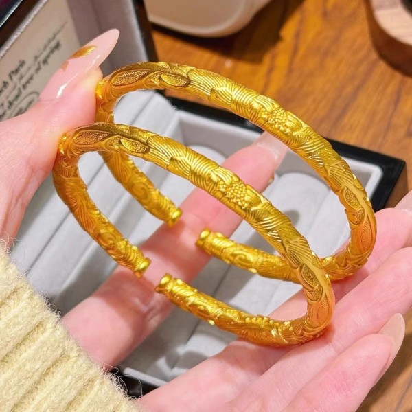 金店同款国色天香沙金牡丹花手镯古法錾刻新中式花朵实心开口镯子