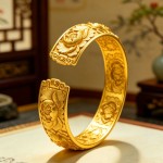 国潮浮雕牡丹花宽版古法沙金手镯女新中式镀金开口镯子工厂批发