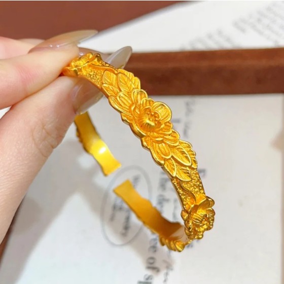 金店沙金同款錾刻双喜牡丹花开口手镯女复古民族风轻奢高级感手环